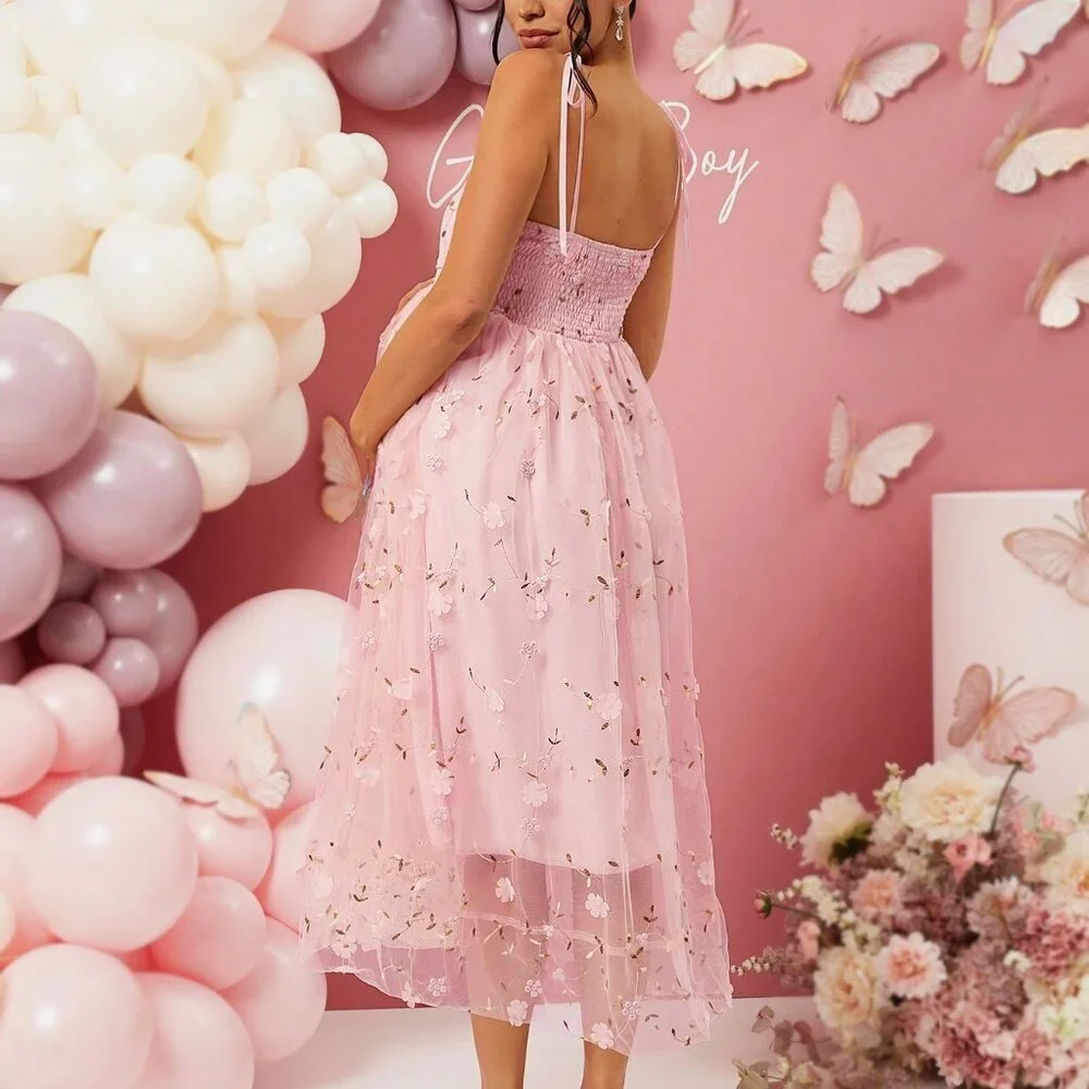 Pink Boho Women's Pregnant Bow Shoulder Strap Elegant Long Dress - Picture 2 of 6